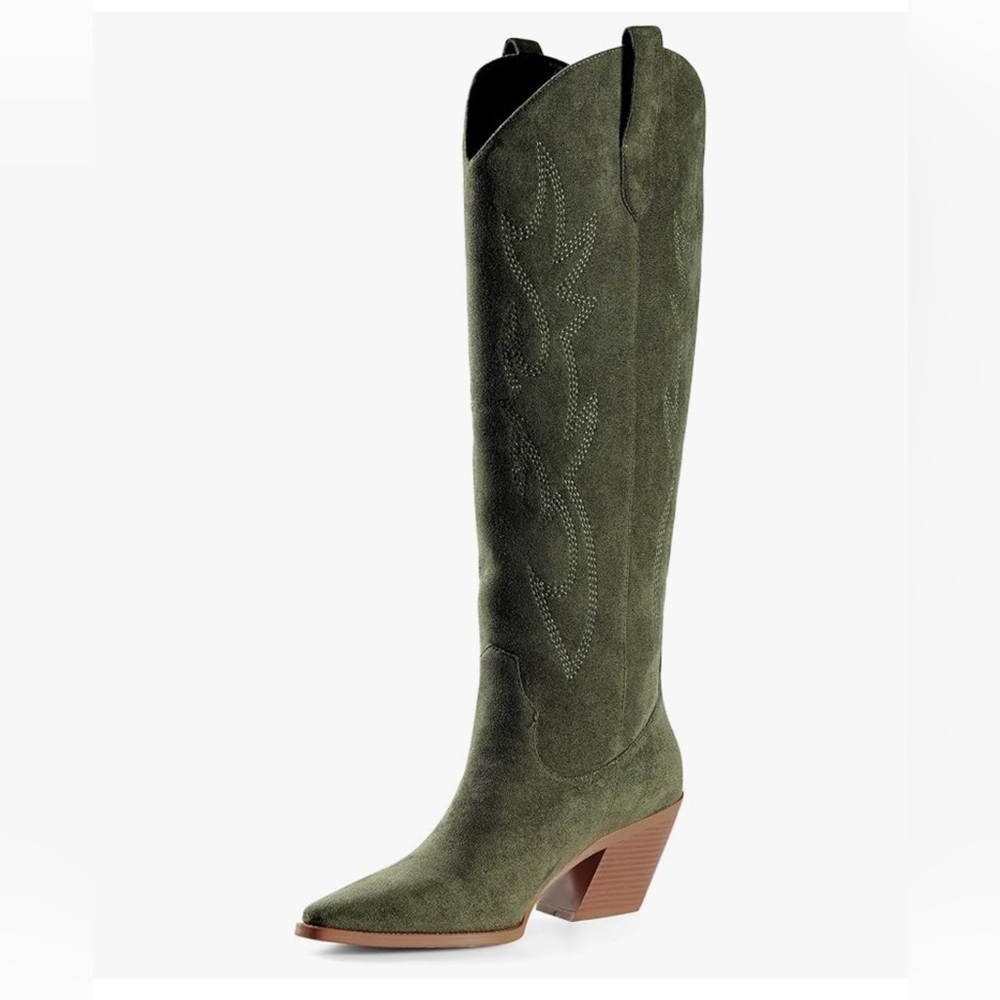 Olive Green Suede Knee-High Boots